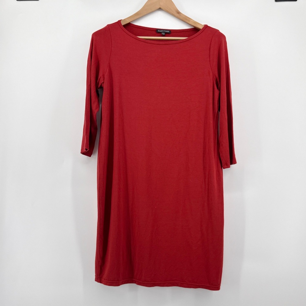EILEEN FISHER Rust 3/4 Sleeve Boat Neck Casual Knit Dress Women's Size Medium